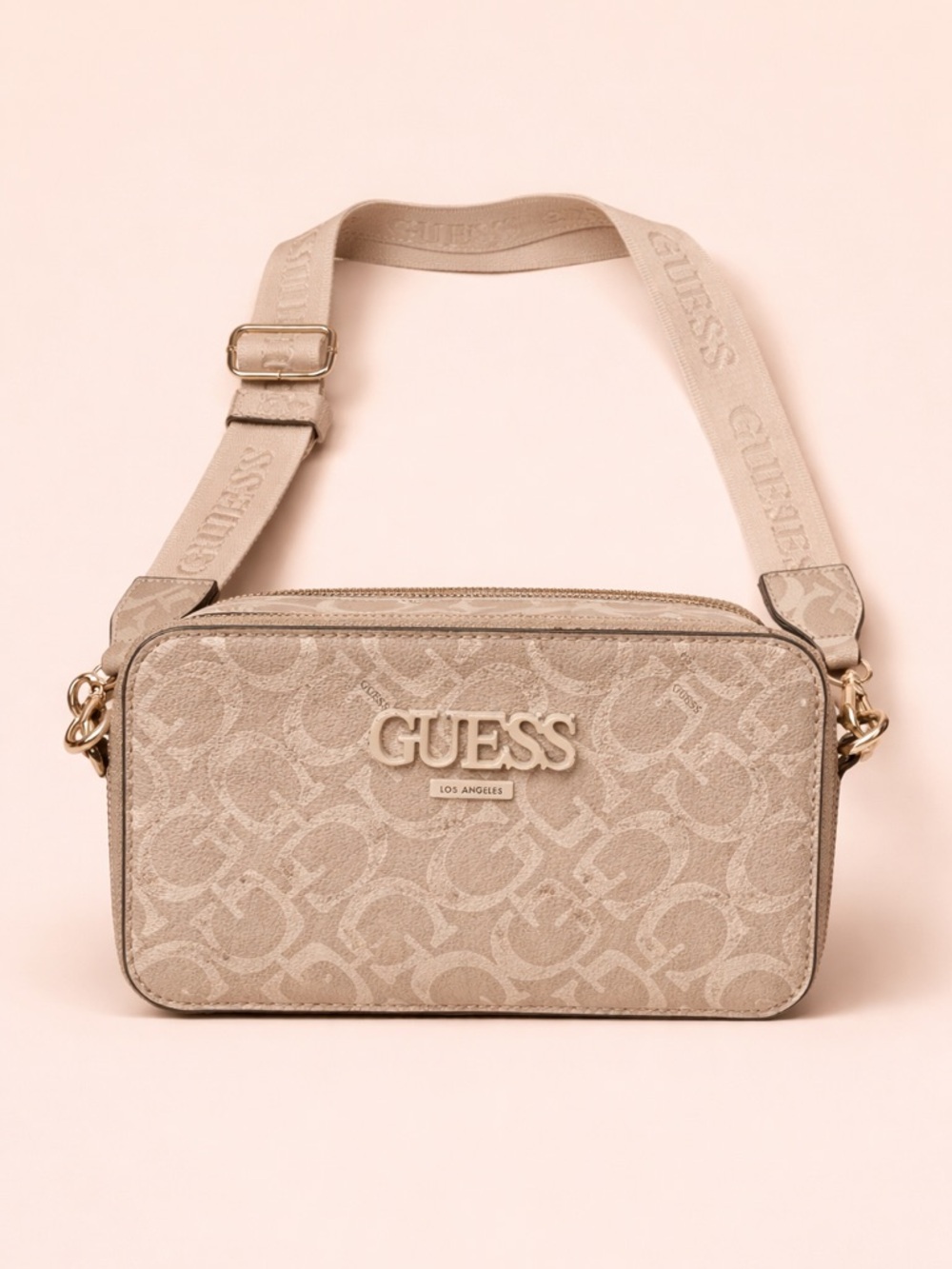 GUESS Beige Logo Jacquard Crossbody Bag with Branded Strap